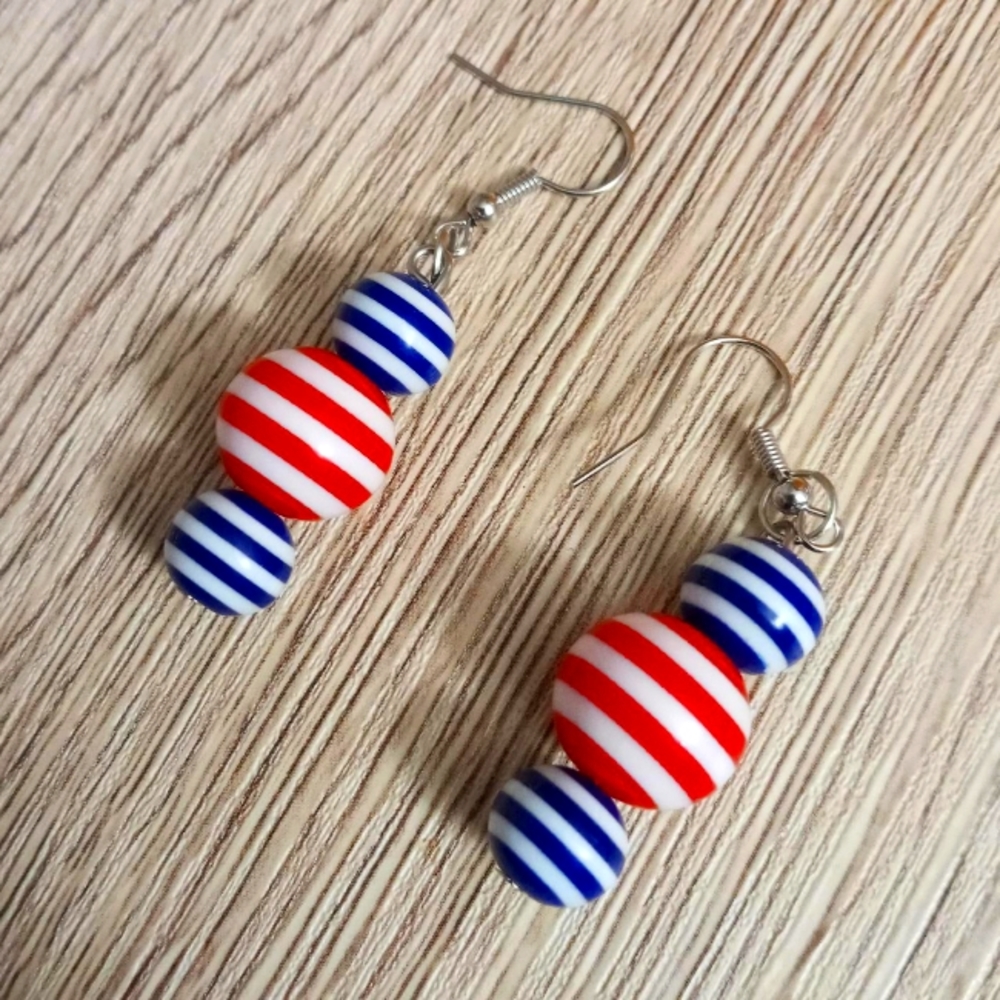 hand crafted red white and blue striped American flag statement earrings